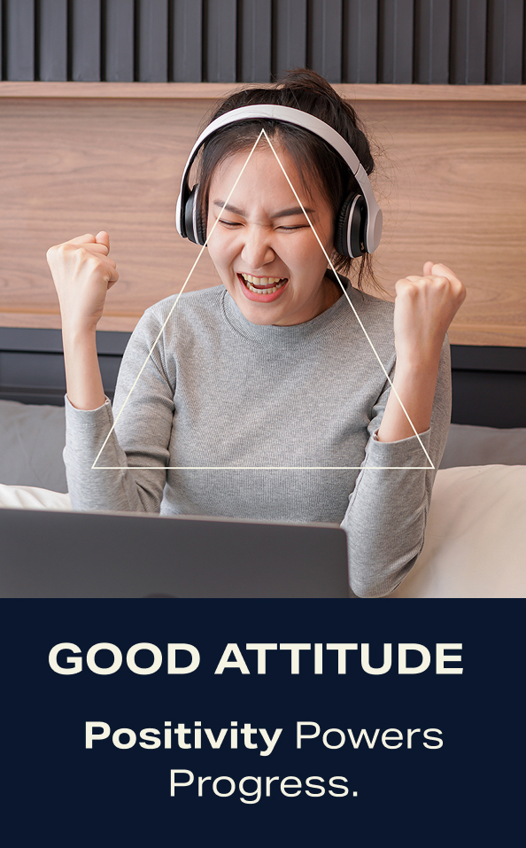 Good Attitude. Positivity powers. Progress. A smiling girl, showing exciting.